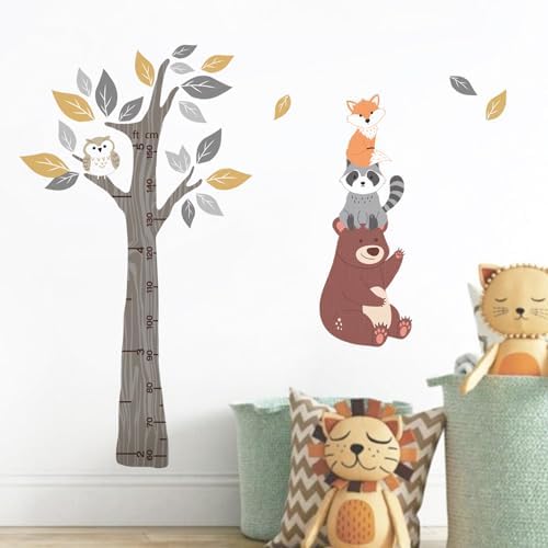 Yovkky Kids Height Chart Wall Decals Stickers, Woodland Animals Tree | Toddler Baby Growth Measurement Nursery Decor, Forest Bear Raccoon Fox Owl Leaves Home Decorations Bedroom Playroom Art - Image 3