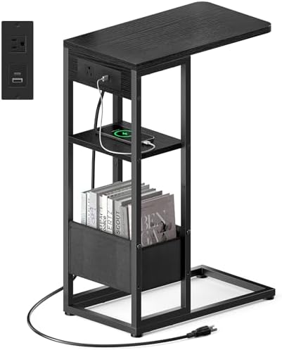 C Shaped End Table with Charging Station, Small Side Table for Couch Recliner, Slide Under Sofa Desk Snack Tables with Storage Bag & AC / USB Outlet, Small Spaces Drink Tables for Living Room, Bedroom by designyourhome
