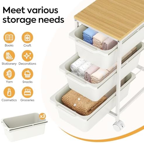 KINGBOARD Slim Rolling Cart with 3 Drawers, Metal Utility Storage Cart | Wooden Tabletop, Lockable Wheels, Under Desk Trolley for Bedroom, Children's Room and Office Organization, White - Image 3