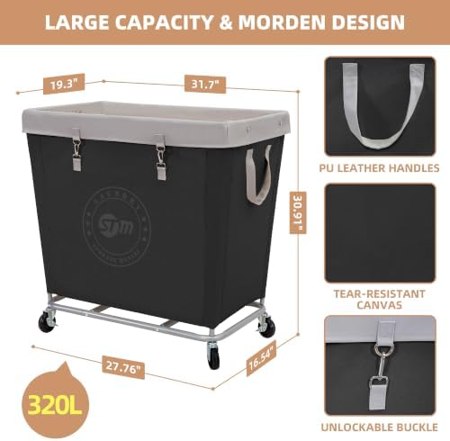 STORAGE MANIAC Commercial Laundry Hamper with Heavy Duty Steel Frame, 320 L Industrial Laundry Basket Cart with Wheels for Hotel, Home, Laundry Room, 31.7''L x 19.3''W x 30.91''H, Large Black - Image 3