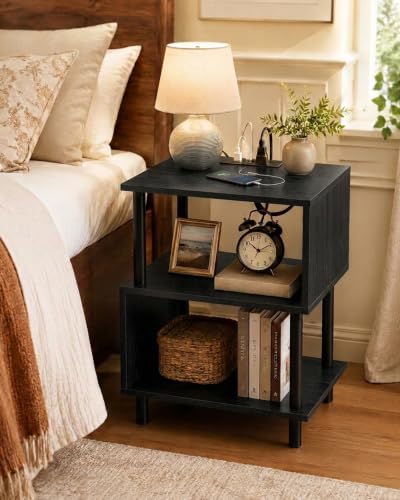 Frylr Side Table, Night Stand and End Table with Power Outlets and USB Ports, Strong Metal Frame, 44lb Capacity per Tier and Leveling Feet for Bedroom, Bedside, Living Room and Small Space, Black - Image 4