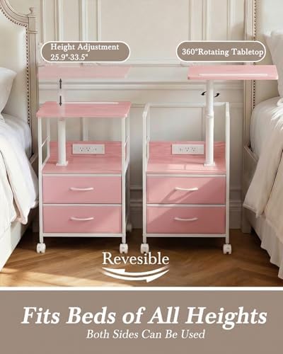 Faesun Swivel Lift Top Nightstand with Charging Station, Rolling Side Table for Recliner, Bedside Table with Wheels & 2 Fabric Drawers, for Small Spaces, for Bedroom, Living Room, Pink - Image 4