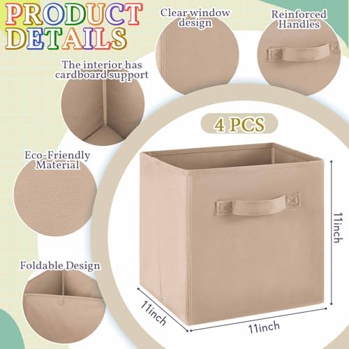 Yinder 4 Pcs Cube Storage Bin Brown 10.5''x10.5''x11'' Storage Bins for Playroom Decor Colorful Bins for Kids Foldable Baskets for Nursery Organizer Boxes Fabric Boxes - Image 2