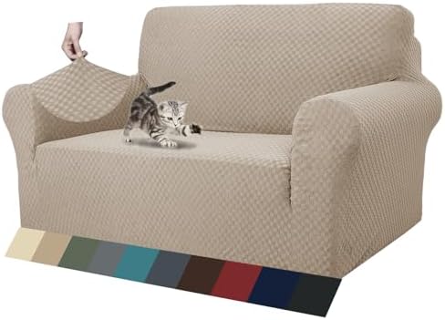 ZNSAYOTX 1 Piece Jacquard Couch Covers for 2 Cushion Couch High Stretch Loveseat Slipcover for Pets Dogs Anti Slip Love Seat Sofa Slipcover Furniture Protector (Loveseat, Khaki) by ZNSAYOTX