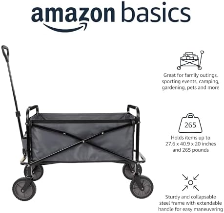 Amazon Basics Collapsible Heavy Duty Utility Wagon for Outdoor Sports, Camping, Garden, and Shopping, 265 Pounds Capacity, 27.6 x 40.9 x 20 inches, Gray - Image 2