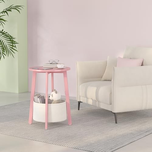 sthmec Small Round Side End Table with Cloth Storage Basket, Round Bedside Sofa Couch Coffee Tables for Small Places with Metal Frame, Modern Nighstands for Living Room Bedroom, Pink - Image 4