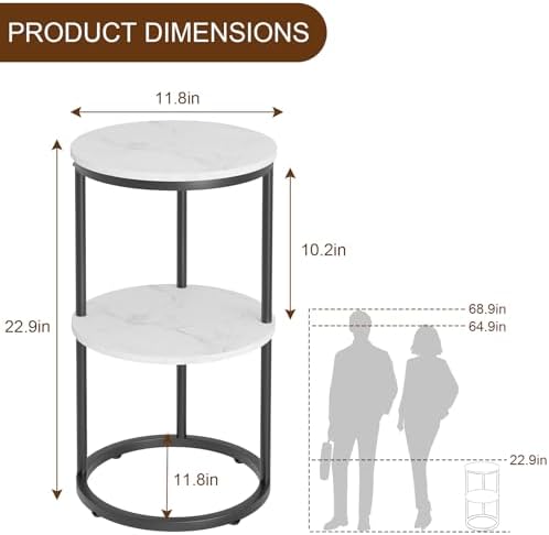 Round End Side Table,C Shaped Table for Couch,2 Tier Small Sofa Table with Metal Frame for Bedroom,Living Room,Bedside,Black(11.8" D x 11.8" W x 22.9" H) - Image 3