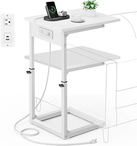 Vagusicc C Shaped End Table with Charging Station, C Table End Table Adjustable Height Sofa Table, Side Table for Couch, Couch Table that Slide Under, TV Tray Arm Table for Living Room,Bedroom, White by Vagusicc