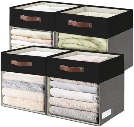 Bagnizer Storage Cubes, 4 Pack Linen Foldable Storage Bins (13 x 13 inch) with Clear Window and Handles, Fabric Organizer for Shelf Closet, Clothes, Books - (Gray and Black) by Bagnizer