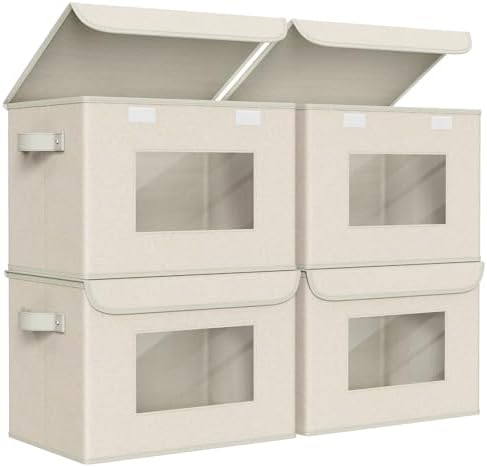 Univivi Collapsible Stackable Storage Bins with Lids, 4 Pack, Beige by Univivi