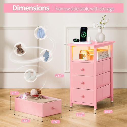 Yoobure End Table with Charging Station, Pink Narrow Nightstand LED Bedside Table, Small Night Stand End Tables Living Room, Skinny Nightstand with 3 Fabric Drawers, Side Table for Small Spaces - Image 2