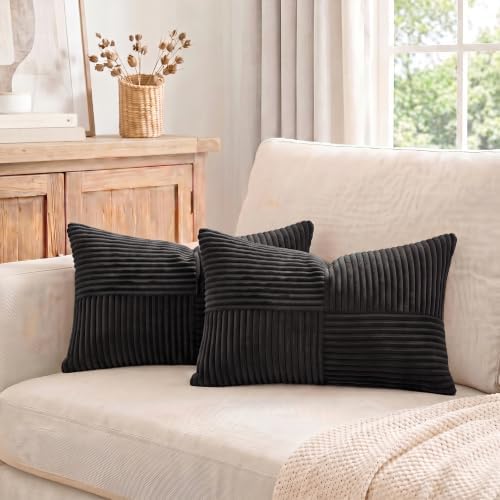 Fancy Homi 2 Packs Black Lumbar Decorative Throw Pillow Covers 12x20 Inch for Living Room Couch Bed Sofa, Rustic Farmhouse Boho Home Decor, Soft Striped Corduroy Rectangle Accent Cushion Case 30x50 cm - Image 7