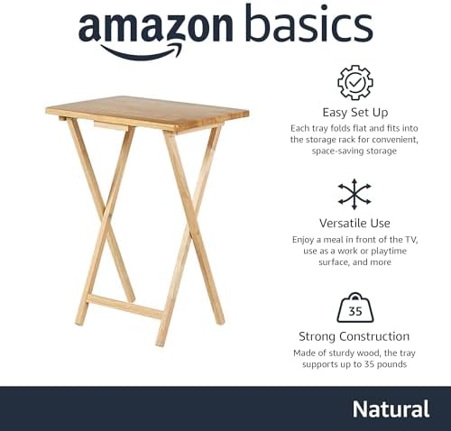 Amazon Basics Classic Foldable TV Dinner Tray Table with Storage Rack, 14.6 L x 19 W x 26 H inch, Natutral, 4-Pack - Image 2