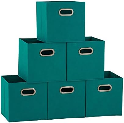 Household Essentials Fabric Storage Bins in Strong Poly‑Woven Fabric, Sturdy Chipboard Sides, Grommet Front Handle, Teal Green, Set of 6 by HouseholdEssentials