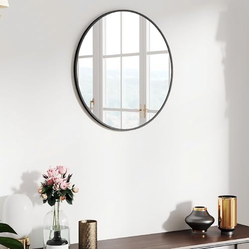 SCWF-GZ 20" Round Mirror Circle Wall Mounted Hanging or Against Wall Metal Frame Dressing Make-up Mirrors for Entryway Bedroom Bathroom Living Room 20 inch Black by SCWF-GZ