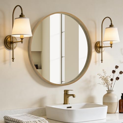 WallBeyond Round Mirror with Wood Frame, 28" Circle Modern Decoration Large Home Decor Mirror for Bathroom Living Room Bedroom Entryway (28" Diameter, Natural Wood) - Image 2