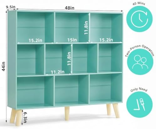 YAHARBO 10 Cube Bookshelf,3 Tier Bookcase with Legs,Green Mid-Century Modern Bookshelves,Large Free Standing Open Storage Organizer Shelf,Tall Wooden Book Case Furniture for Bedroom,Living Room,Office - Image 2