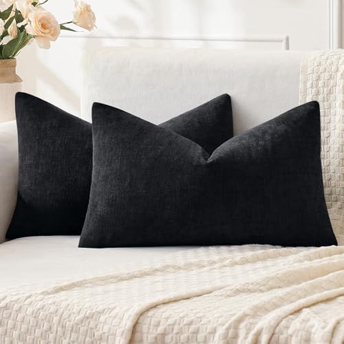 MIULEE Black Chenille Couch Lumbar Throw Pillow Covers, 12x20 by MIULEE