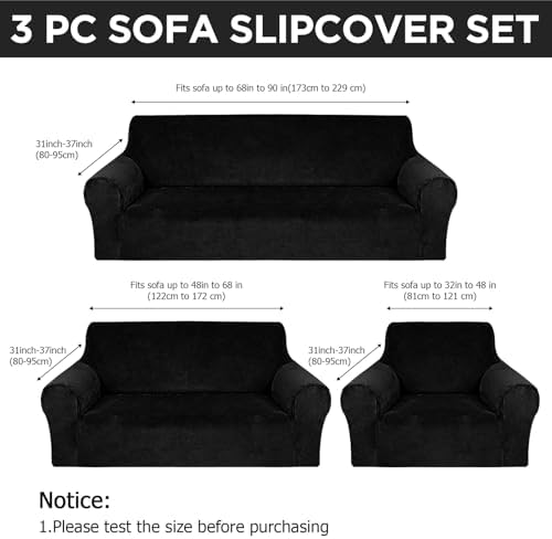 Peryiter 3 Pcs Couch and Loveseat Sofa Covers,Black,Velvet - Image 2