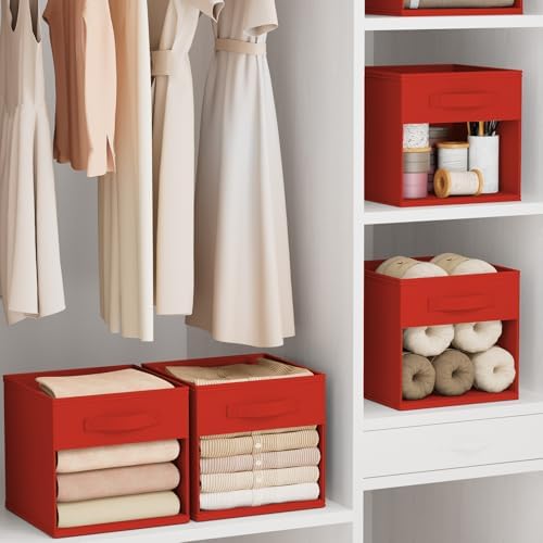DIMJ Storage Cubes, Cube Storage Bin, 6 Pack Foldable Baskets with Window, Closet Storage Bins with Handle, 11x 11 inch Storage Cubes for Clothes, Toys, Books (Red) - Image 6