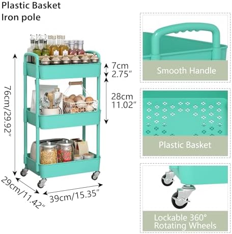 Sywhitta 3-Tier Plastic Rolling Utility Cart with Wheels for Storage, Green - Image 2