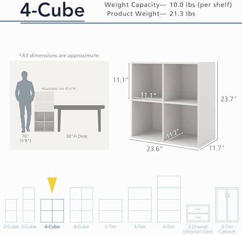 Homes: Inside + Out Apexa 4-Cube Storage Organizer Shelves, Stackable Wood Bookcase Fits Cubby Bins for Organization, Dorm Teen Room Decor & Home Office, Steel Blue - Image 3