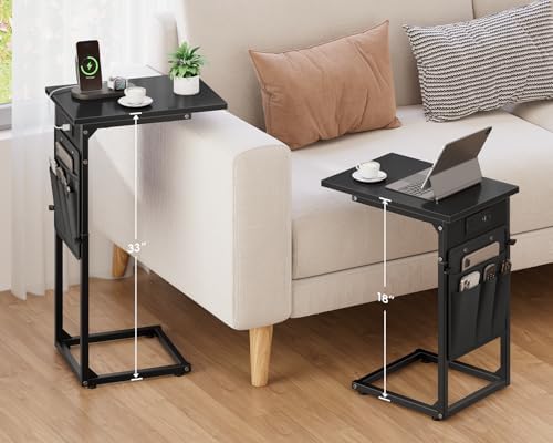 Vagusicc C-Shaped End Tables Set of 2 with Charging Station, 33'' Tall C Table Adjustable Height Side Table, Sofa Table for Couch, Couch Table that Slide Under Sofa, TV Trays for Living Room, Black - Image 2