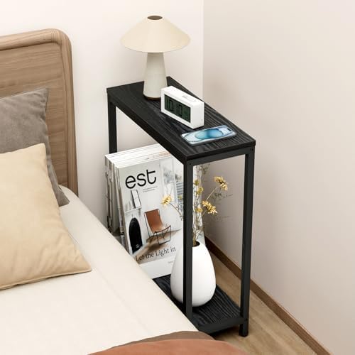 SLEEPING LAMB Narrow Small Side Table for Small Space, 2 Tier Sofa Skinny End Table for Living Room, Bedroom Beside Slim Nightstand, Rustic Black - Image 7