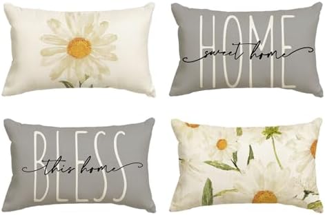 AVOIN colorlife Home Sweet Home Spring Summer Flowers Throw Pillow Covers, 12 x 20 Inch Grey Cushion Case for Sofa Couch Set of 4 by AVOINcolorlife