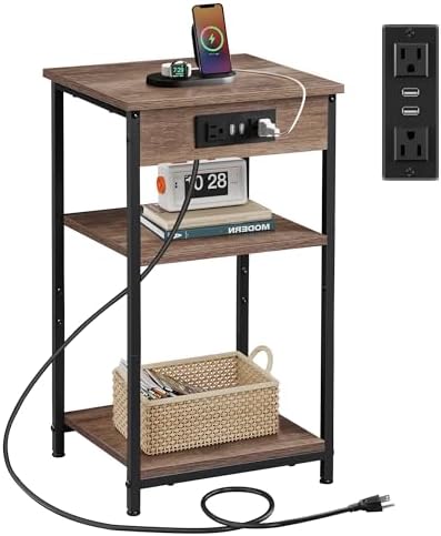 WLIVE Side Table with Charging Station and USB Ports, Small End Tables for Small Spaces, 3-Tier Nightstand with Adjustable Shelf, Bedside Tables, Living Room, Bedroom, Brown by WLIVE