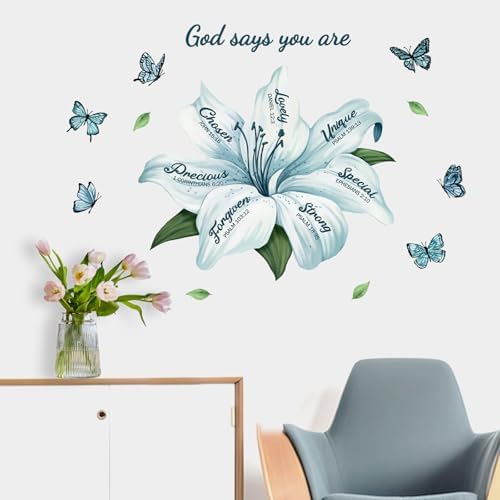 Yovkky Lily Flower Religious Inspirational Quote Wall Decals Stickers | Motivational God Says You are Teal Floral Butterfly Home Bedroom Decor, Positive Living Room Kitchen Decorations Art - Image 4