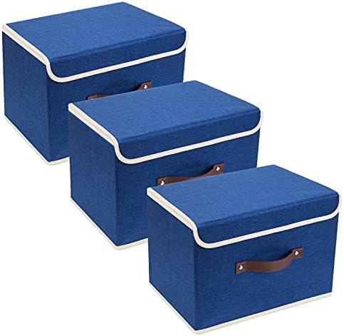 TYEERS Collapsible Storage Boxes, Washable Fabric Storage Bins with Lids, 14.9x9.8x9.8 inches, 3 Pack, Classic Blue by StorageOrganization