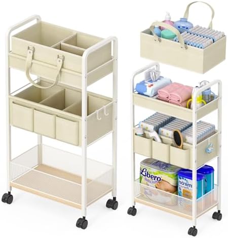2In1 Baby Diaper Caddy & 3-Tier Rolling Cart, Diaper Caddy Organizer Carts with Dividers, Mobile Metal Utility Cart for Nursery Essentials, Detachable Bedside Cart, Large Capacity, White by LIDTOP