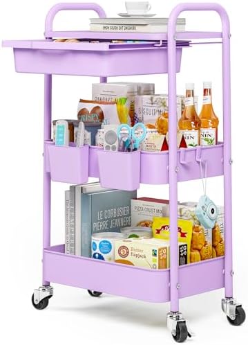 KINGRACK 3 Tier Metal Rolling Cart with Drawer, Purple Utility Storage Cart | 2 Cups & 4 Hooks, Lockable Wheels, Trolley Organizer for Bathroom, Kitchen, Office, Nursery, Dorm, Laundry, Craft Room by KINGRACK
