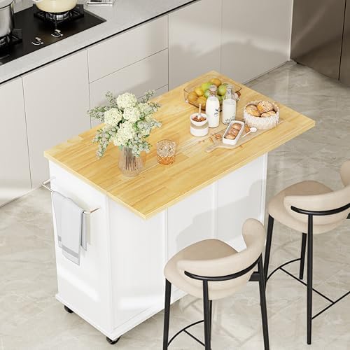 Shintenchi Kitchen Island with Storage, Bar Cart Cabinet Island Table on Wheels, Rolling Microwave Cart for Kitchen with Drop Leaf, Drawers, Towel Rack, Seating Area for Dining Room, White - Image 2