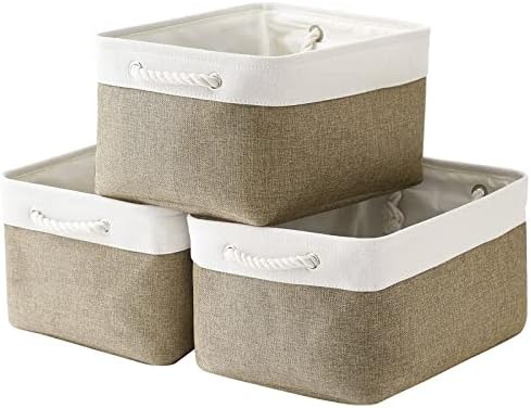 TheWarmHome Storage Basket for Organizing - 16x12x8 inch Large 3 Pack Collapsible Storage Bin for Shelves with Handles, Fabric Storage Cubes for Organizer Cloth Gift Toy Closet (Whiet & Khaki) by TheWarmHome