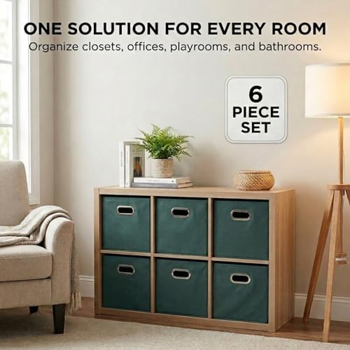 Household Essentials Foldable Fabric Storage Cubes 6-Pack – 11x11x11 Stackable Non-Woven Bins with Chipboard Sides & Grommet Handles – Closet, Shelf, Nursery, or Office Organizer – Dark Green - Image 6