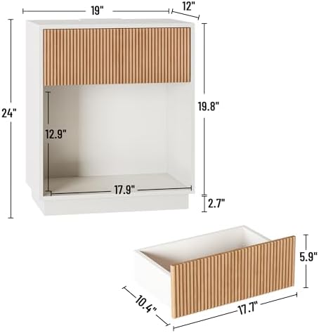 End Table with Charging Station, Fluted Nightstands Set of 2,Modern Bedside Table with Drawer and Storage Shelf, Wood End Table Mid Century Night Stands for Bedroom Living Room(White+Oak) - Image 2