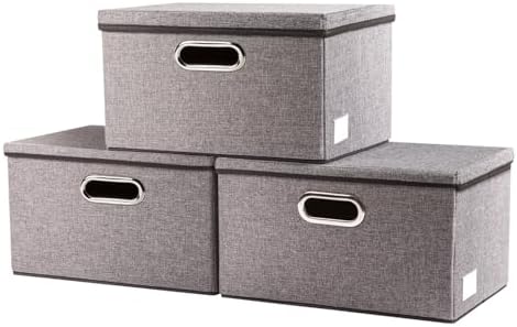 PRANDOM Storage Bins with Lids [3-Pack] Linen Fabric Foldable Storage Boxes Organizer Containers Baskets Cube with Cover for Home Bedroom Closet Office Nursery Grey（11.4X8.6X6.7 by Prandom