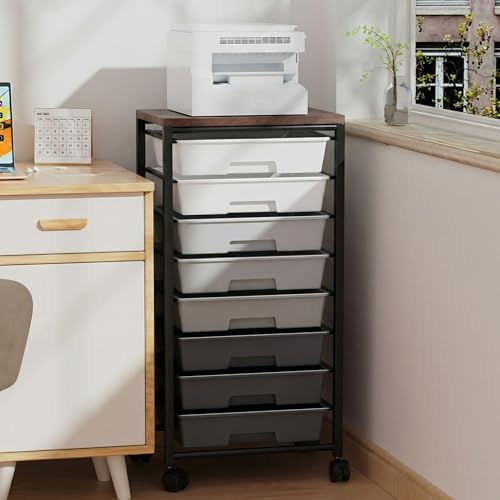 Rolling Cart with 8 Drawers, Storage Drawers Cart with Wooden Tabletop and Lockable Wheels, Craft Storage for Living Room, Office, Classroom, Craft Room, Bedroom (Gray) - Image 6
