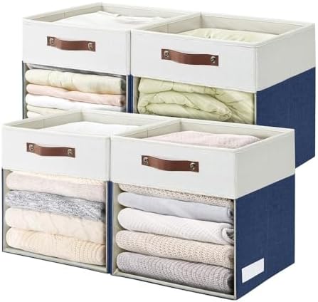 Bagnizer Storage Cubes, 4 Pack Linen Foldable Storage Bins with Clear Window and 2 Handles, 13x15x13 Storage Cube Bins for Shelf Closet, Kallax, Clothes, Books - (Navy Blue / Off-White) by Bagnizer
