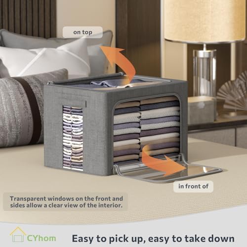 CYhom 3Pack Foldable Storage Bins - Frame Storage Box Linen Fabric Stackable Clothes Container Organizer with Clear Window & Carry Handles Large Capacity (Medium-36L, Dark Gray) - Image 2