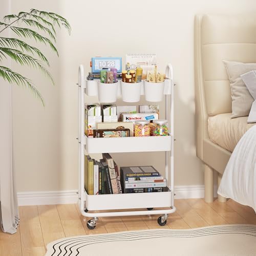 3-Tier Utility Cart with Wheels, Rolling Cart with 3 Hanging Baskets, Storage Shelves, Multi-Functional Organizer Cart for Bathroom, Office, Kitchen, White - Image 3