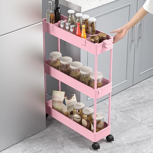 SPACELEAD Slim Storage Cart 3 Tier,Bathroom Organizer Rolling Utility,Mobile Shelving Unit Slide Out for Office, Kitchen, Laundry Room & Narrow Places,Pink - Image 4