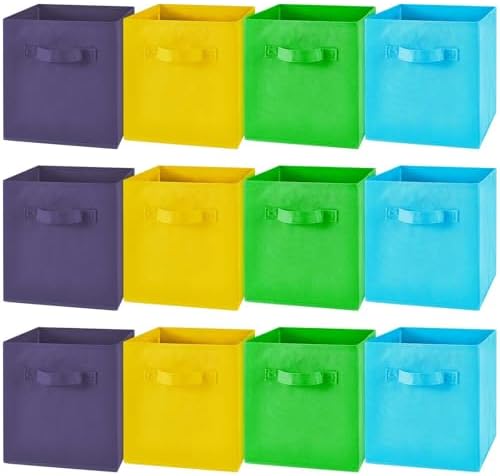 Yinder 12 Pcs Cube Storage Bin 10.5''x10.5''x11'' Storage Bins for Playroom Decor Colorful Bins for Kids Foldable Baskets for Nursery Organizer Boxes Fabric Boxes (Sky Blue, Green, Yellow, Dark Blue) by Yinder