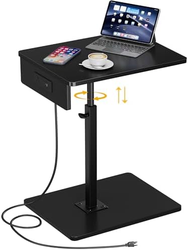 C Shaped End Table with Charging Station, Adjustable Height C Table End Table, 360°Swivel TV Tray Table for Small Spaces, Rounded Corners Couch Table, Side Tables Living Room for Sofa,Chair,Snack,Bed by Vagusicc