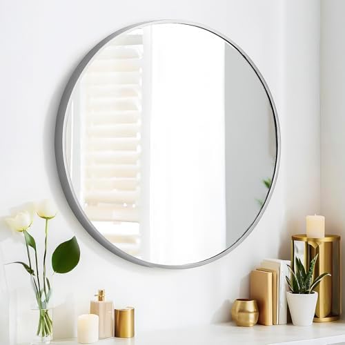 SCWF-GZ 24" Round Mirror Circle Wall Mounted Hanging/Against Wall Silver by SCWF-GZ