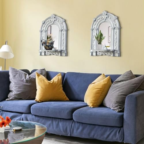 2 Set Vintage Candle Wall Sconce for Home Decor Living Room Bedroom Office Wood Antique Mirrored Victorian Mounted Candlestick Wall Holder Relief Hanging Decor -Silver 11.8in - Image 7