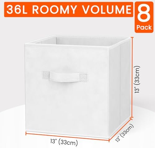 Criusia Storage Cubes - 13 Inch Heavy Duty Fabric Storage Bins for Shelves Closet Cube Organizer - 8 Pack Collapsible Cube Storage Bins Baskets for Clothes Blankets Toys - Nursery Organization (White) - Image 2