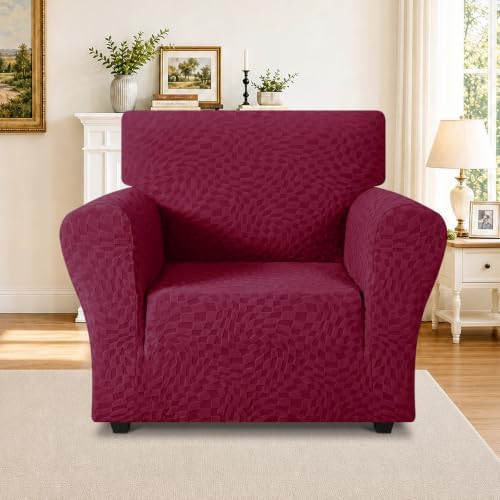 ZNSAYOTX 1 Piece Stretch Chair Cover with Arms (34"-44"), New Plaid Armchair Cover with Elastic Band for Living Room, Ultimate Soft Cozy Washable Chair Slipcover Form Fit Protector, Wine Red - Image 2